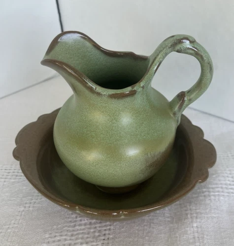 Frankoma Pottery Small Pitcher & Bowl Set Prairie Green USA Vintage 40A/40B