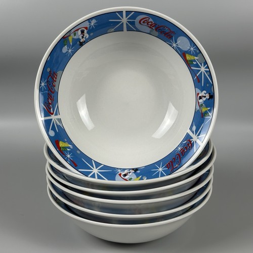Coca‑Cola Laughing Snowman Holiday Stoneware (6) Cereal 6”, (1) Serving Bowl 8”