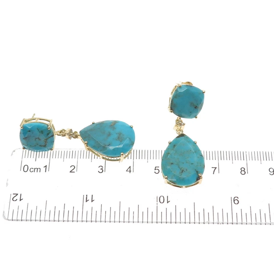 925 Sterling Silver Gold Plated Real Diamond & Lone Mountain Turquoise Earrings - Image 3 of 4