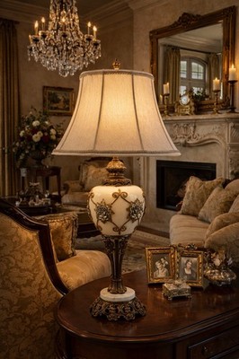 Vtg Cornell Victorian Style Gilt Applique Glass Table Lamp W Bronze Marble Base