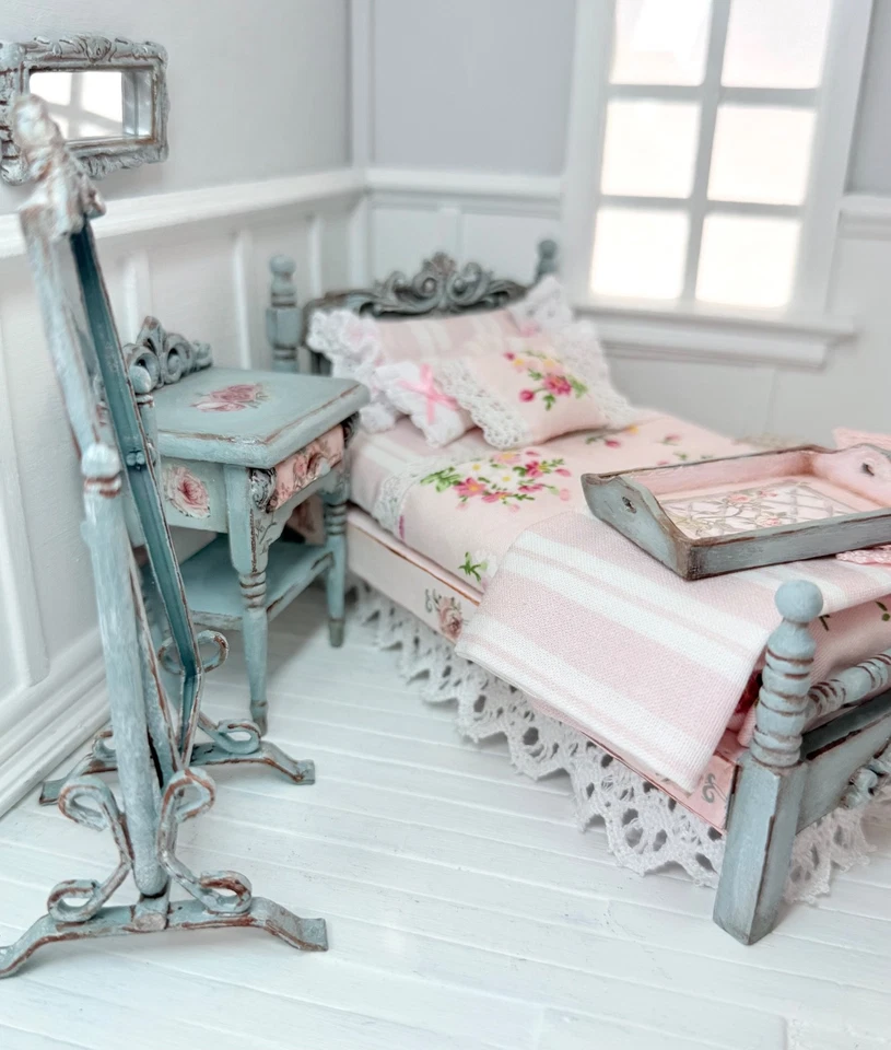 Miniature Hand Painted 1:12 Single Bedroom Set/Crochet Blanket/Tray/Stool/Mirror - Image 3 of 4
