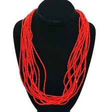 Vintage 13 Multi-Strand Red Seed Bead Fashion Boho Statement Necklace 26  
