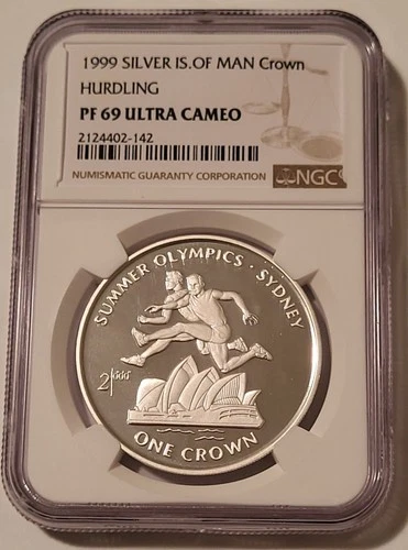 Isle of Man 1999 Silver Crown Olympics Hurdling Proof PF69 UC NGC