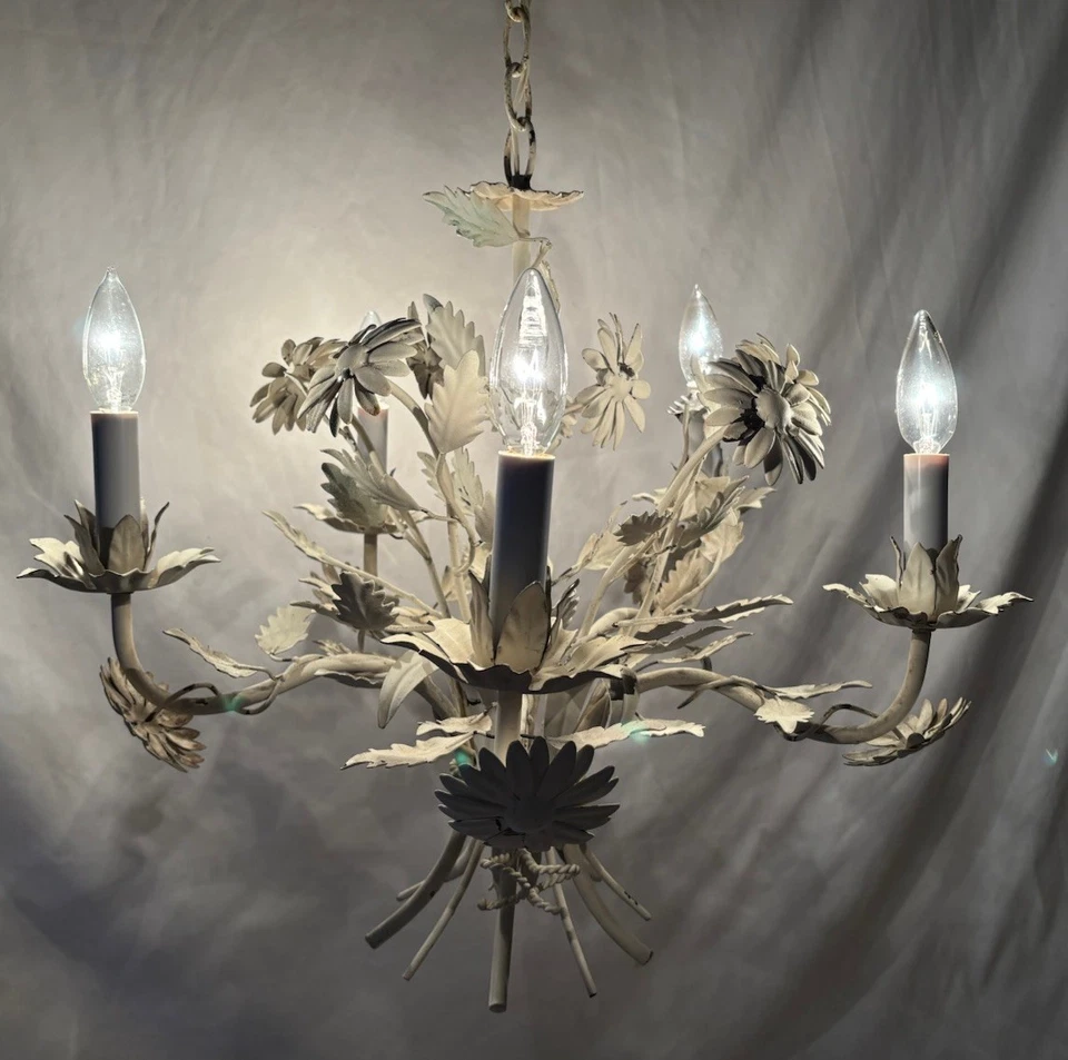 Vintage White Toleware Chandelier 5 Light Floral 22"D Italian? - Image 2 of 4