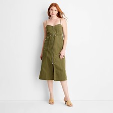 Women Nylon Zip-Front Midi Dress - Future Collective Olive Green S