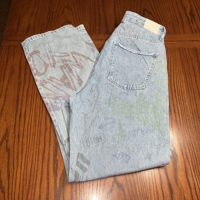 NWT Bershka Mom Jeans Light Wash High Rise Graffiti 100% Cotton Denim Sz 10 Long