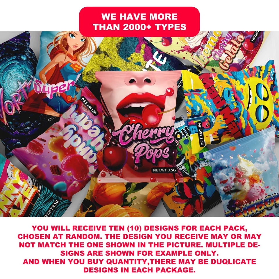 Juego de diseño de bolsas Mylar 3,5 gramos | 100 piezas PARA CADA PAQUETE EN 1 (UNO) DISEÑO ALEATORIO Foto 2 de 4