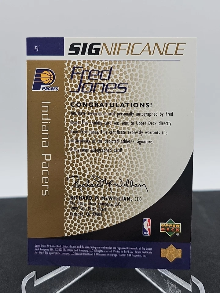 2003-04 SP ПОДЛИННОЕ ЗНАЧЕНИЕ Фред Джонс Индиана Пэйсерс ЗОЛОТОЙ С АВТОГРАФОМ 4/10 - Изображение 2 из 2