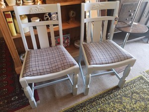 Lovely Pair Of Oak Refurbished Pale Blue Grey Dining Chairs Tweed Fabric Seats Ebay