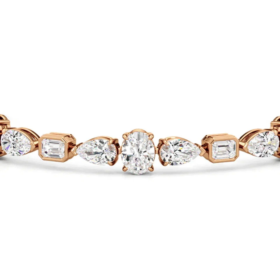 Brazalete Oro Diamante Cultivado Laboratorio Ovalado Pera y Corte Esmeralda 8 Quilates Sólido 14K Rosa Foto 2 de 4