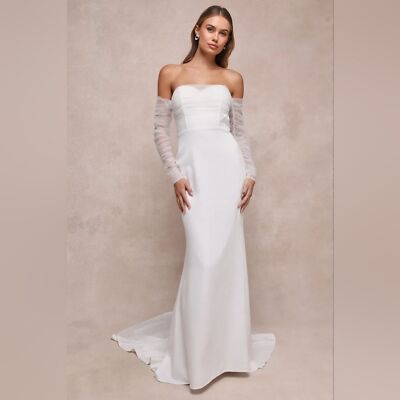Lulu's Eternal Bliss White Tulle Off-the-Shoulder Bustier Maxi Dress XL  Bridal | eBay
