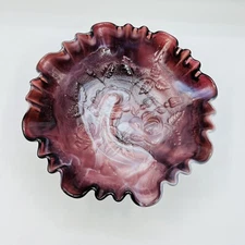 Imperial Slag Amethyst Purple Rose & Rose Buds Embossed Footed Ruffle Bowl