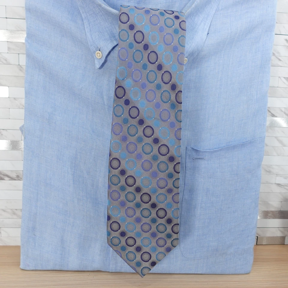 Mens Blue Neck Tie Slate Periwinkle Navy Circle Polka Dot Woven Silk VAN HEUSEN - Изображение 2 из 4