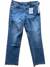Tahari Olivia Slim Straight Jeans Womens 16 Blue Glacier Wash Mid-Rise Raw Hem