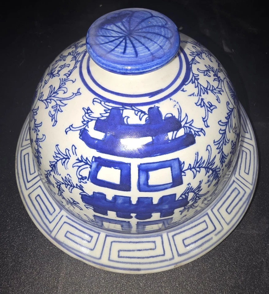 Jarrón templo porcelana azul y blanco antiguo de 19" tarro jengibre doble H... Foto 4 de 4