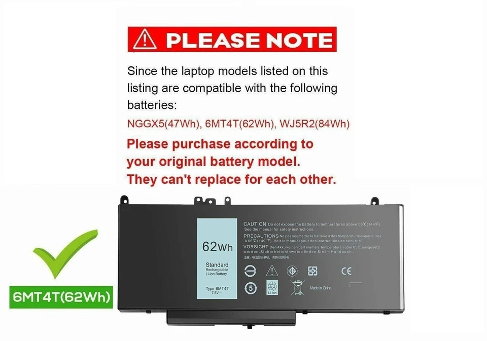 批量 3 件 戴尔 6MT4T 62Wh 7.6V 替换电池 适用于戴尔 Latitud — 第 2/2 张图片