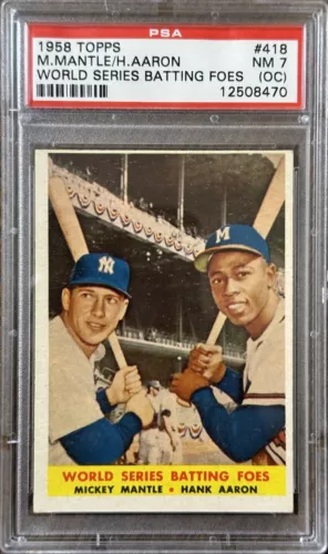 1958 TOPPS BASEBALL #418 MICKEY MANTLE/HANK AARON W.S. BATTING FOES PSA 7 (OC)