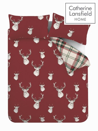 Catherine Lansfield Munro Stag Check Reversible Duvet Cover Bedding Set Red - Picture 5 of 41