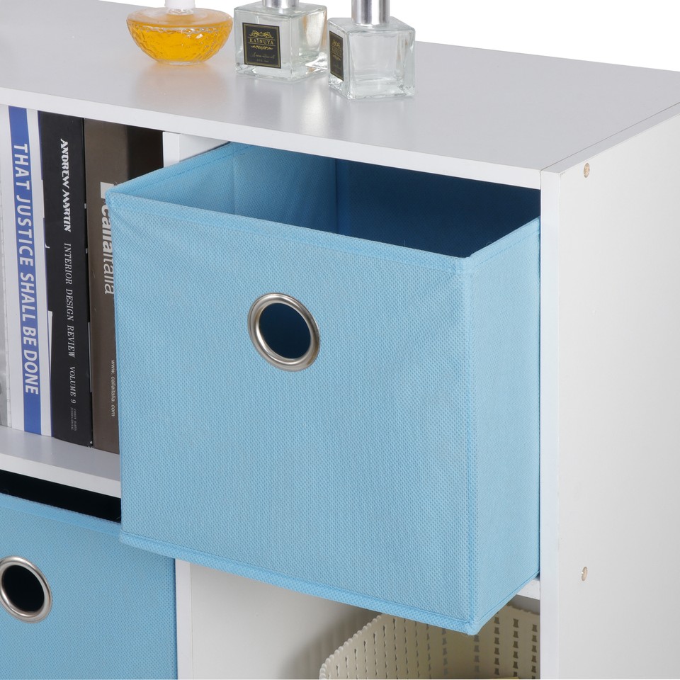 SEGAWE 6-Cube Storage Organizer - Wooden Bookcase With 3 Bins, White And Blue