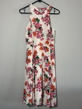 Ann Taylor Dress White Floral Bow Tie Neck Halter A-Line Midi Women's Size 4