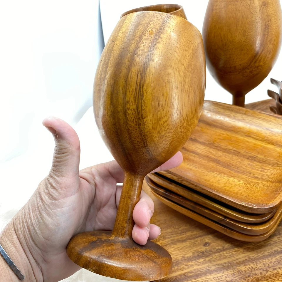 Conjunto Antigo Meados do Século Moderno Marrom Madeira Colecionável Taças de Vinho 20 Peças - Imagem 4 de 4