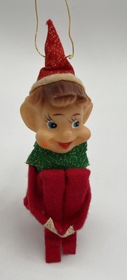 Vtg Christmas DELTA Red Knee Hugger Elf Ornament Sparkles With Tag (P)