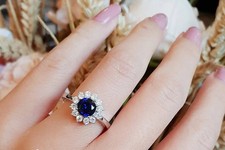 Lab-Created Blue Sapphire 2Ct Halo Cluster Engagement Ring 14k White Gold Plated