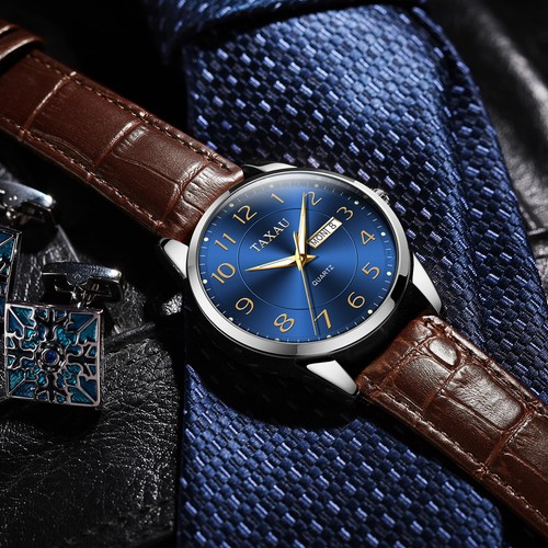 Brown Leather Strap Mens Watches Bule Big Face Men's Watch with Numbers Analo... - Picture 7 of 9