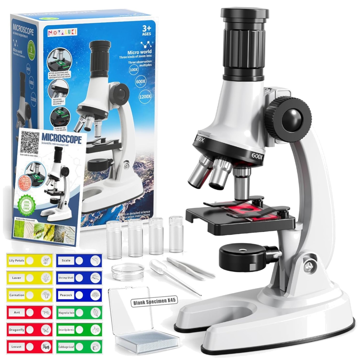 65 Pieces Microscope Kit for Kids Ages 5-7 8-13, 100X-1200X Magnification with 7