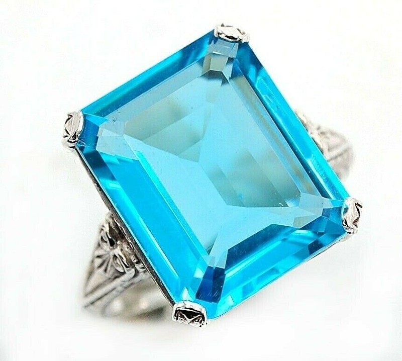 10CT Heat Treated Blue Topaz 925 Sterling Silver Victorian Style Ring Sz 9