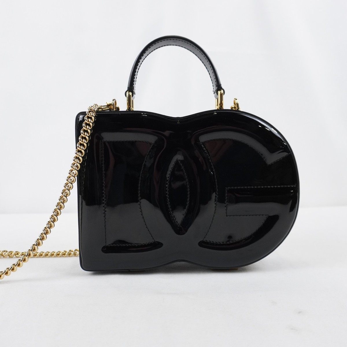 Dolce&Gabbana DG Logo Box Handbag In Black Patent Leather With