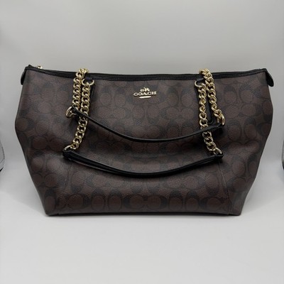 Coach Signature Canvas Chain Tote Bag Double Zip Wristlet Set Brown Preowned