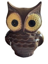 Vintage 1970s Ceramic Owl Piggy Bank Brown Retro Coin Bank Large Eyes