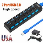 7-Port USB 3.0 Hub High Speed ON/OFF Switch AC Power Adapter Cable For Laptop PC
