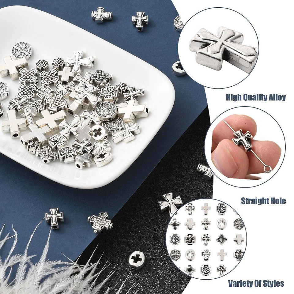 100 peças contas espaçadoras de crucifixo cruzado prata para fabricação de colares de pulseiras de joias - Imagem 3 de 4