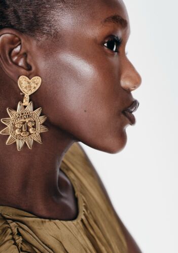 Gold Sun Heart Statement Earrings Zara Happy Face Sun Celestial Jewelry Gift NEW