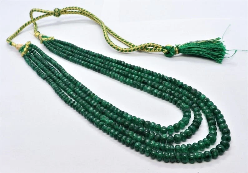 A++ Grüner Beryll Smaragd Glatt Rondell Edelstein Perlen 4 Strang Halskette Frau - Bild 3 von 4