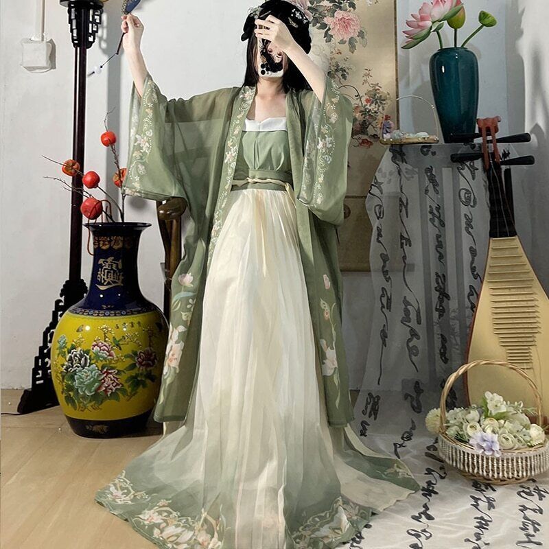 chinese flowy dress Chinese Hanfu Dress 3PCS Set Tea Green Flowing Maxi Dress Chinese Ancient  Women