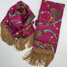 2 Specialty House Scarves Pink Gold Fringe Jewels Tassel Pattern USA Made Luxury