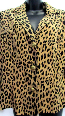 Womens 14 Animal Print Leopard Poly LS Button Blazer Jacket By David Benjamin
