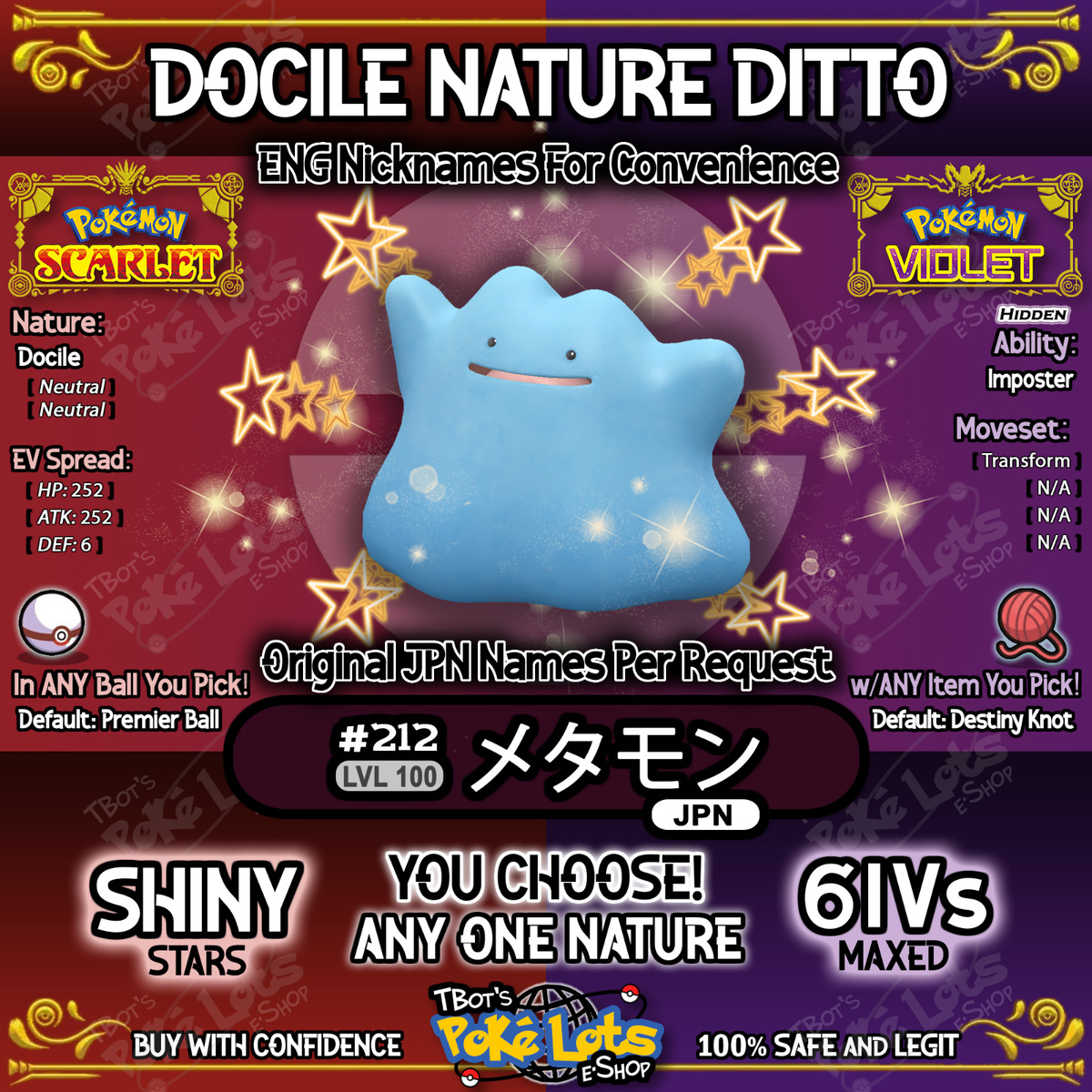 Ditto shiny 6iv Japanese Variety + Pokemon Scarlet & Purple Choice Item