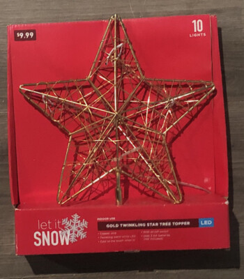 CHRISTMAS TREE TOPPER TWINKLING GOLD STAR LIGHTED LED 10 Lights Let it Snow NEW