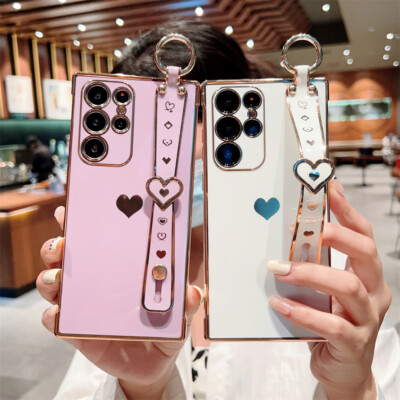 For Samsung Galaxy S26 S25 S23 S21 Shockproof Plated Wrist Strap Soft Phone Case