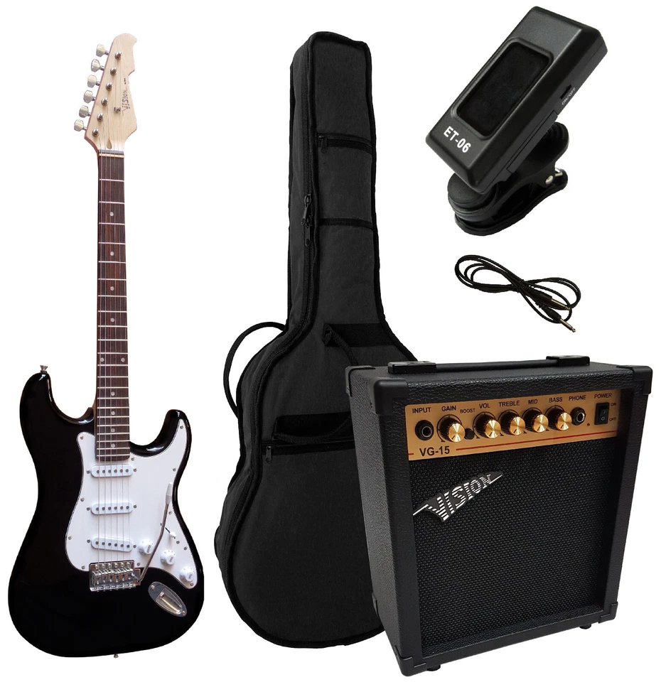 MSA Juego de 4/4 guitarra eléctrica guitarra eléctrica en negro amplificador 20 vatios afinador cable