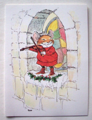 Mouse plays violin in window Pawprints Tripp vtg Christmas greeting card *L
