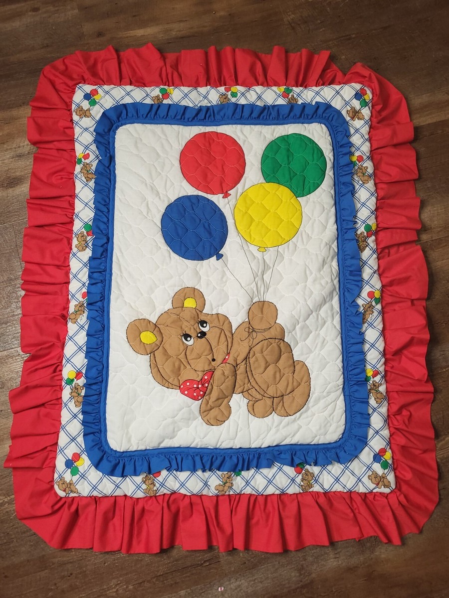 VTG That's Our Baby Quilted Crib Blanket Bear, Balloons, Red
