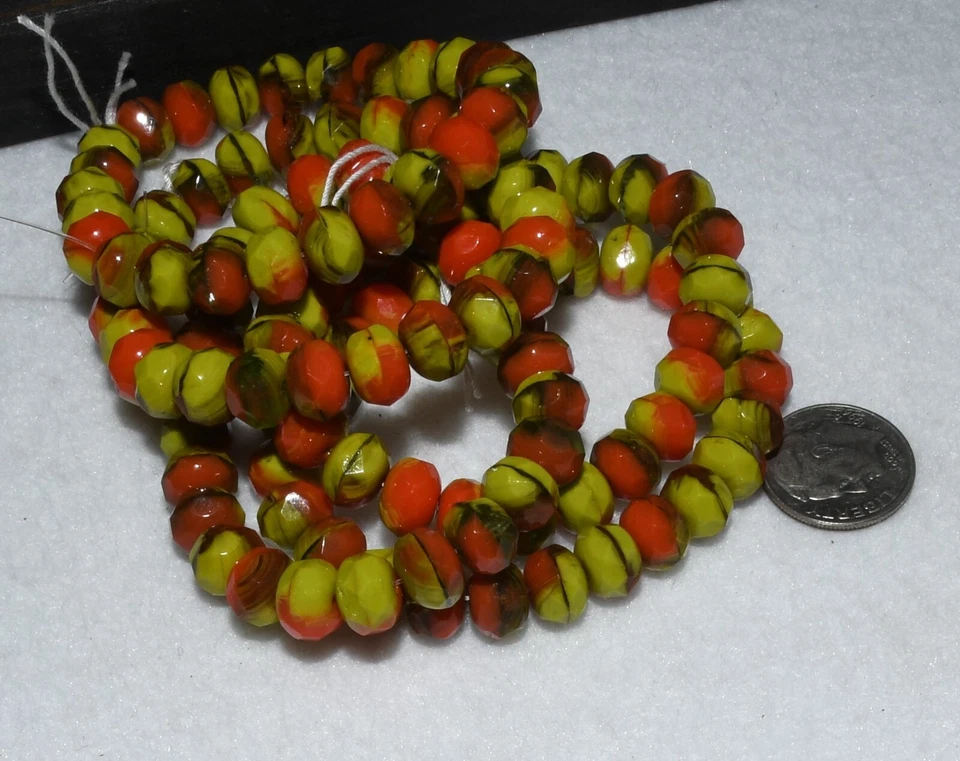 Czech Glass Rondelle 8x5mm Beads Gaspeite Green, Orange Opaque - 25 Beads - Image 2 of 4