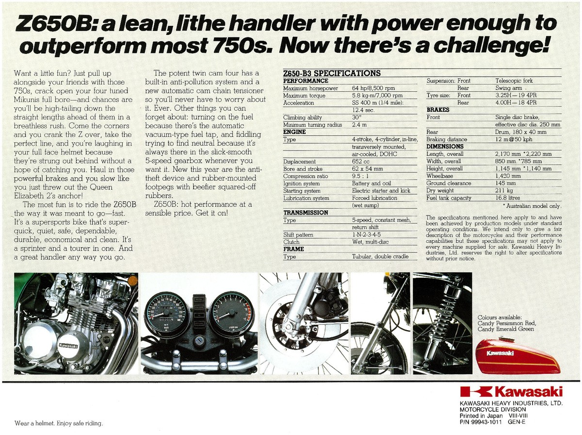 karba berufskleidung 1950年代。 1979 Kawasaki KZ650 Z650B3 Z650B Sales Catalog Brochure
