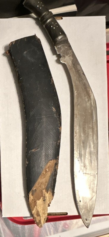 Vintage Kukri Steel Blade Knife w/ Horn Handle and leather and wood sheath.