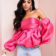 ASOS LUXE Hot Pink Satin Off The Shoulder Puf...